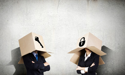 Man with box on head