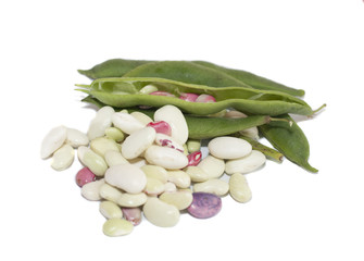 Green beans and some beans on white background