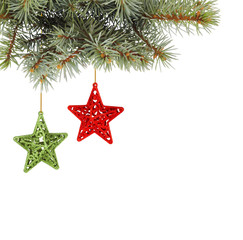 Fototapeta na wymiar Christmas fir branch with multicoloured, stars on a white back
