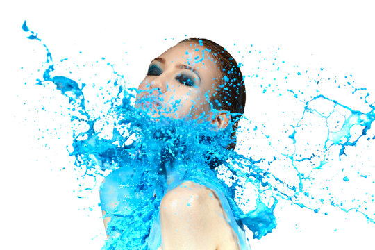 Sensual Woman And Big Paint Waves. Blue Splash