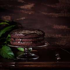Delicious vegan chocolate cake. Selective focus.
