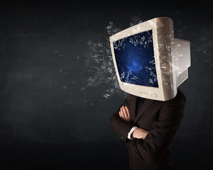 Computer monitor screen exploding on a young persons head