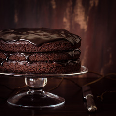 Delicious vegan chocolate cake. Selective focus.
