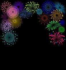 Colorful Fireworks  frame on black background