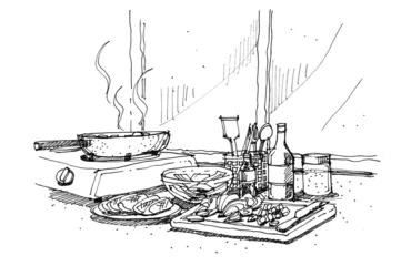 Printed kitchen splashbacks Cooking cooking at home illustration