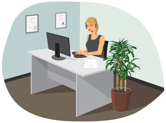 Young female call center operator is in the office.