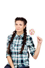 Girl with braids and lollipop.