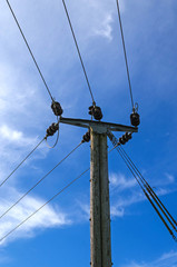Wooden Power Electricity Pole Pylon,Blue Sky Background