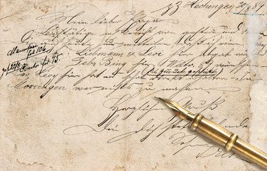 Old letter with calligraphic handwritten text and vintage ink pe