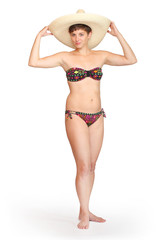 Young woman in swimsuit and straw hat (mexican sombrero).