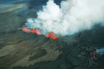 Aerial view of 2014 Bardarbunga volcano eruption in Iceland, Haw