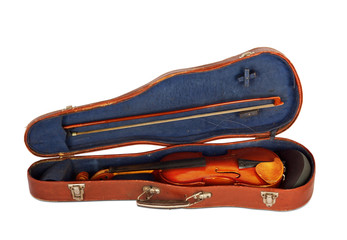Old violin with the bow in hard cover isolated on a white backgr © Loraliu
