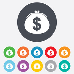 Wallet dollar sign icon. Cash bag symbol.