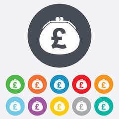 Wallet pound sign icon. Cash bag symbol.