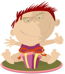 Baby is given a present and looks happy