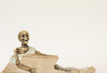 Skeleton wearing shroud reclining in coffin
