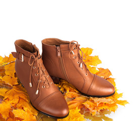 Pair of brown female boots on a background of golden autumn leav