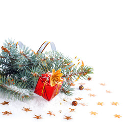 Christmas tree branch with a gift in a red box on a white backgr