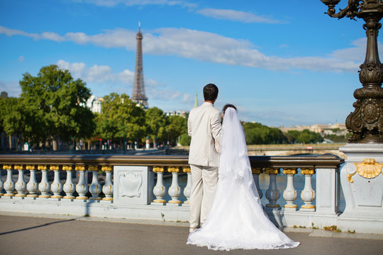 Beautiful just married couple in Paris