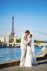 Beautiful just married couple in Paris