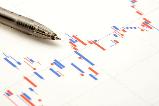 資産運用イメージ―株価のチャートとボールペン