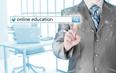 Online education written in search bar on virtual screen.
