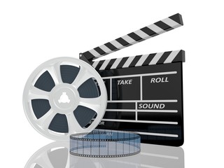 3d illustration of cinema clap and film reel