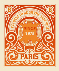 Retro card with engraving, floral and heraldic details. Organize