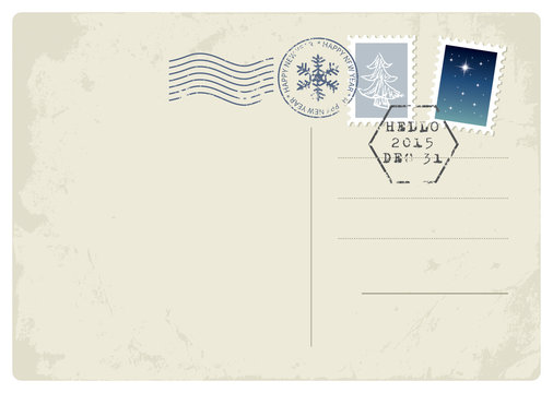 New Year postcard. Happy New Year and Hello2015 on the stamp.