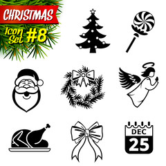 Set of black-and-white christmas icons. New year symbols