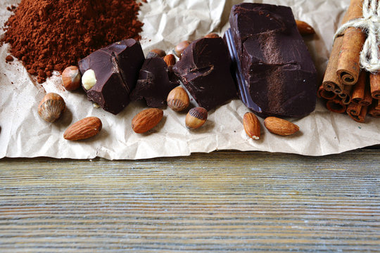 chunks of chocolate, nuts and cocoa