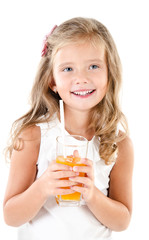 Smiling cute little girl with glass of juice isolated