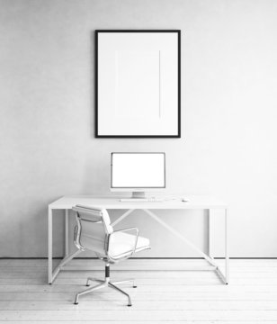 Workplace with picture template in white room