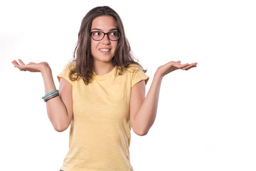 Cute Young Girl Glasses posing isolated surprised