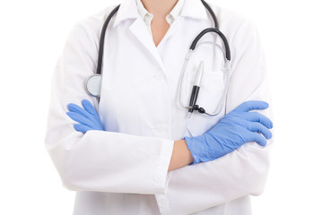 Close up of a doctor's uniform, stethoscope and rubber gloves
