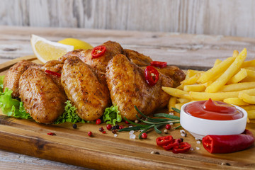 fried chicken wings with red sauce and French fries
