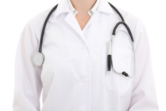 Close up of a doctor's white coat and stethoscope