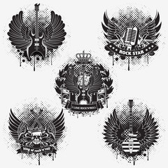 Set of sticker on the shirt the image of a guitar of wings