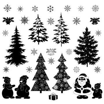 Christmas cartoon, set black silhouettes