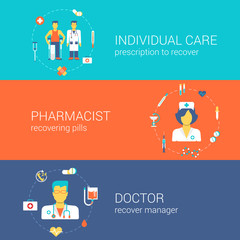 Doctor nurse pharmacist medical care concept flat template set