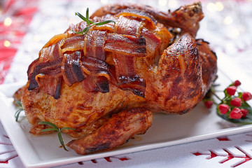 Whole roasted chicken with bacon
