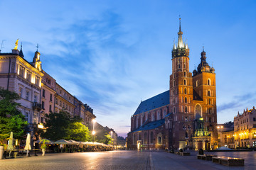 St. Mary's Church at night in Krakow, Poland.