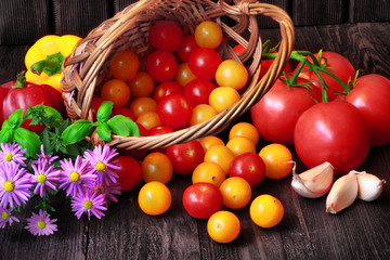 Tomatoes in basket with flowers