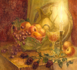 Watercolor still life. Burning candle lights fruits and golden p