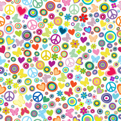 Flower power background seamless pattern with flowers, peace sig