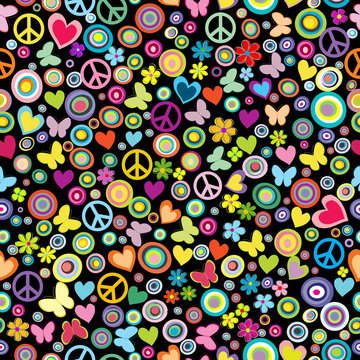 Seamless pattern of flowers, circles, hearts, butteflies and pea