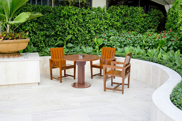 Tables and chairs of outdoor cafe in Hotel.