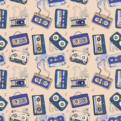 Audio cassette. Seamless pattern.