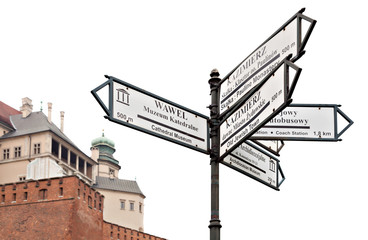 The direction indicator to the main landmarks in Krakow, Poland.