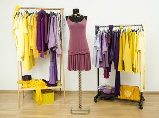 Wardrobe with violet and yellow clothes on hangers and mannequin